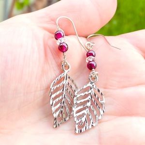Leaf 925 sterling silver earrings garnet herkimer
